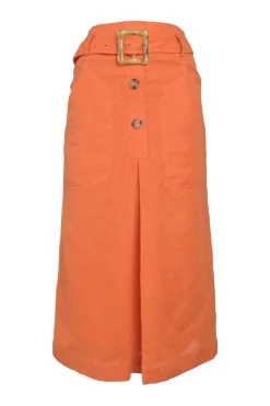 Orange viscose-blend pull-on high-rise slit-front belted A-line midi skirt with exposed button fly