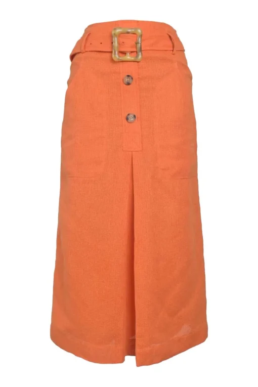 Orange viscose-blend pull-on high-rise slit-front belted A-line midi skirt with exposed button fly