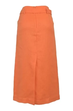 Orange viscose-blend pull-on high-rise slit-front belted A-line midi skirt with exposed button fly