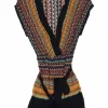 Orange viscose-blend striped chevron warp knit wrap-effect cap sleeve tunic top with plissé trim appliqué