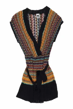Orange viscose-blend striped chevron warp knit wrap-effect cap sleeve tunic top with plissé trim appliqué