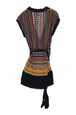 Orange viscose-blend striped chevron warp knit wrap-effect cap sleeve tunic top with plissé trim appliqué