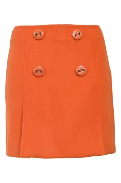 Orange wool melton pull-on vented mini skirt featuring novelty shank button appliqué
