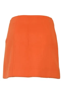 Orange wool melton pull-on vented mini skirt featuring novelty shank button appliqué
