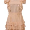 Pastel orange cotton-silk blend tier-ruffle flutter sleeve blouson mini dress with pintuck bib insert and gathered waistband