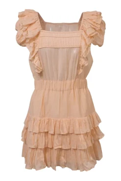 Pastel orange cotton-silk blend tier-ruffle flutter sleeve blouson mini dress with pintuck bib insert and gathered waistband