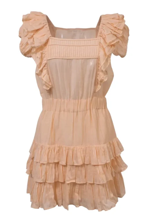 Pastel orange cotton-silk blend tier-ruffle flutter sleeve blouson mini dress with pintuck bib insert and gathered waistband