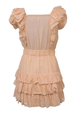 Pastel orange cotton-silk blend tier-ruffle flutter sleeve blouson mini dress with pintuck bib insert and gathered waistband