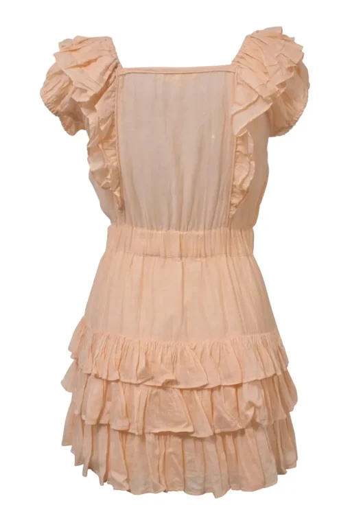 Pastel orange cotton-silk blend tier-ruffle flutter sleeve blouson mini dress with pintuck bib insert and gathered waistband