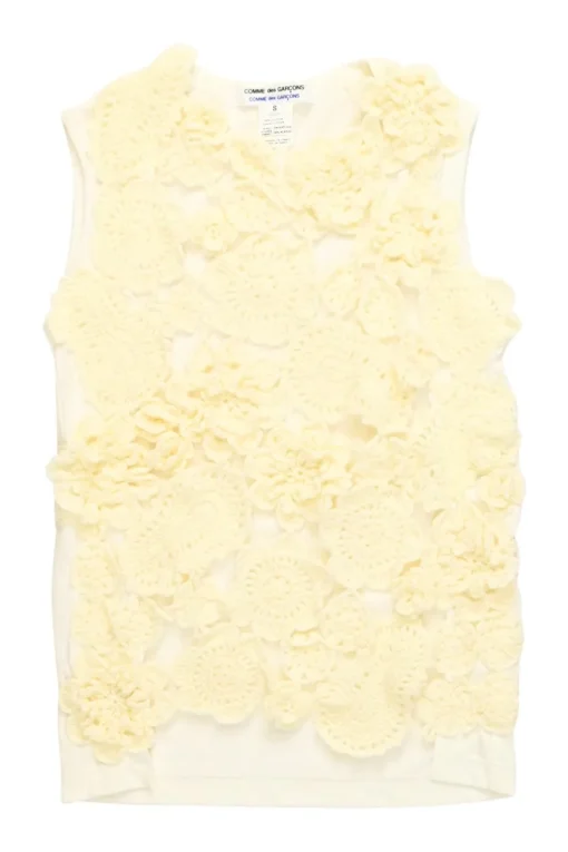 Pastel yellow cotton jersey pullover tank top with floral crochet overlay panel