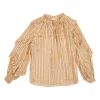 Peach metallic silk-lurex blend striped jacquard tie-neck keyhole front ruffle top with smocked cuffs