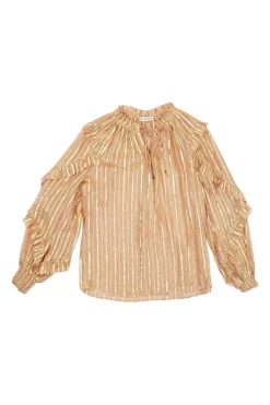 Peach metallic silk-lurex blend striped jacquard tie-neck keyhole front ruffle top with smocked cuffs