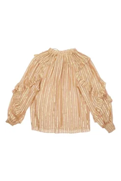 Peach metallic silk-lurex blend striped jacquard tie-neck keyhole front ruffle top with smocked cuffs