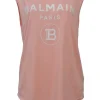 Peach screen-printed cotton jersey knit sleeveless flocked logo top with gold-finish metallic shank button shoulder line appliqué