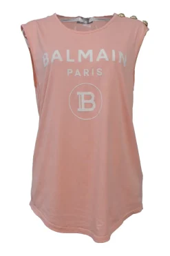 Peach screen-printed cotton jersey knit sleeveless flocked logo top with gold-finish metallic shank button shoulder line appliqué