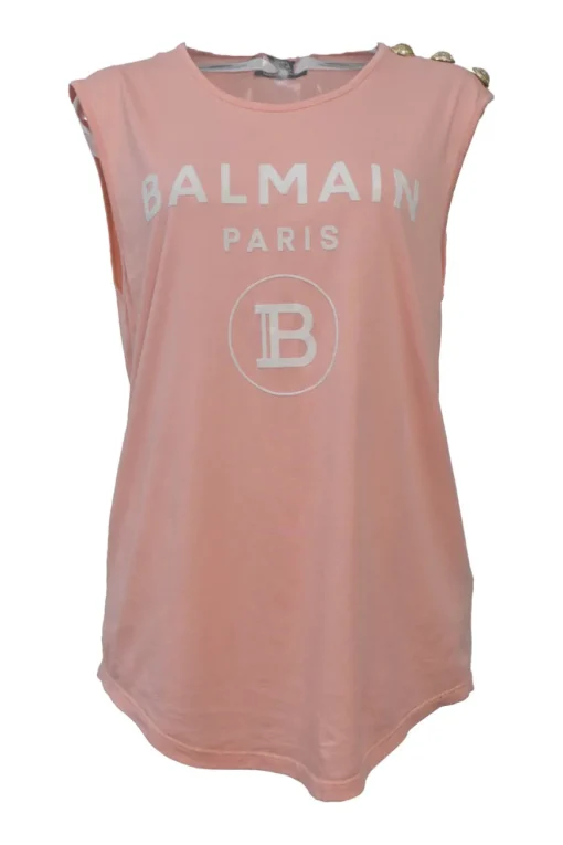 Peach screen-printed cotton jersey knit sleeveless flocked logo top with gold-finish metallic shank button shoulder line appliqué