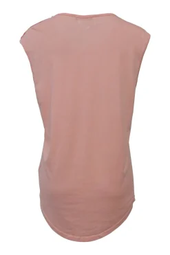 Peach screen-printed cotton jersey knit sleeveless flocked logo top with gold-finish metallic shank button shoulder line appliqué