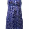 Periwinkle paillette-embellished polyamide babydoll dress with crystal-embellished buckle straps