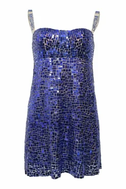 Periwinkle paillette-embellished polyamide babydoll dress with crystal-embellished buckle straps