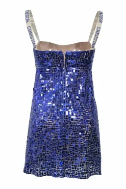 Periwinkle paillette-embellished polyamide babydoll dress with crystal-embellished buckle straps