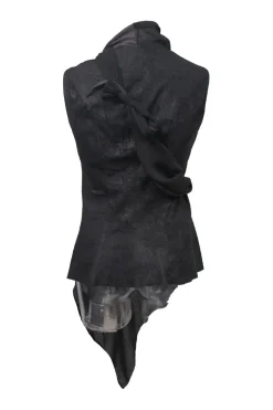 Pewter and black silk-blend mixed-media twist-draped sleeveless stand collar wrap waistcoat