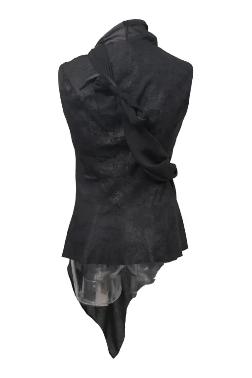 Pewter and black silk-blend mixed-media twist-draped sleeveless stand collar wrap waistcoat