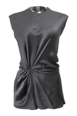 Pewter bias-cut twist-draped cap sleeve blouse with concealed shoulder line zip fastening