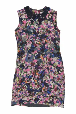 Pink abstract floral print sleeveless sheath dress with contrasting guipure lace Chelsea collar