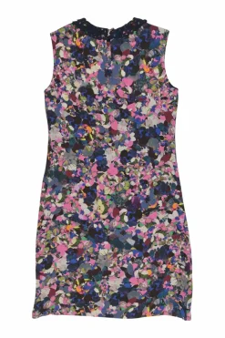 Pink abstract floral print sleeveless sheath dress with contrasting guipure lace Chelsea collar