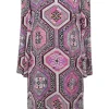 Pink abstract patchwork print bateau neck long sleeve shift dress with keyhole back