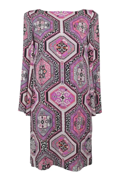 Pink abstract patchwork print bateau neck long sleeve shift dress with keyhole back