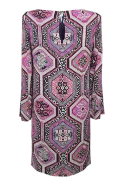 Pink abstract patchwork print bateau neck long sleeve shift dress with keyhole back