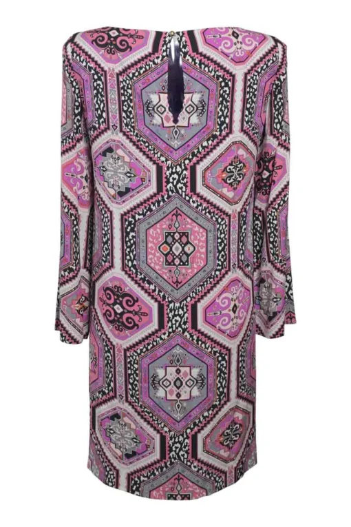 Pink abstract patchwork print bateau neck long sleeve shift dress with keyhole back