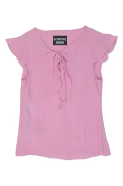 Pink acetate-blend tie-front flutter sleeve keyhole pullover swing-style blouse