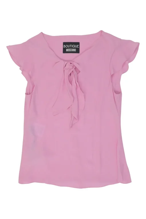 Pink acetate-blend tie-front flutter sleeve keyhole pullover swing-style blouse