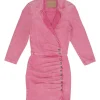Pink acid-washed cotton-blend indigo denim wrap-front notch collar snap-front ruched mini dress