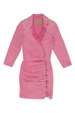 Pink acid-washed cotton-blend indigo denim wrap-front notch collar snap-front ruched mini dress