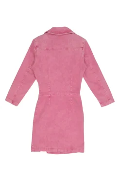 Pink acid-washed cotton-blend indigo denim wrap-front notch collar snap-front ruched mini dress