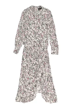 Pink and black paneled silk abstract print Romina dolman sleeve asymmetric midi A-line dress