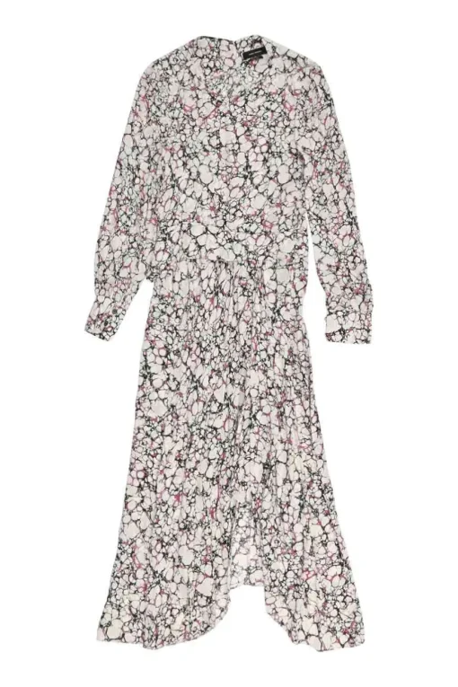 Pink and black paneled silk abstract print Romina dolman sleeve asymmetric midi A-line dress