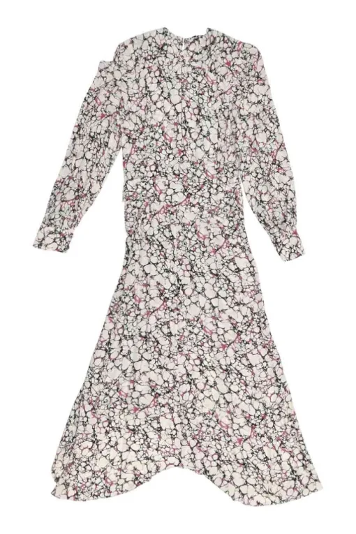 Pink and black paneled silk abstract print Romina dolman sleeve asymmetric midi A-line dress