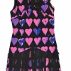 Pink and black silk heart print sleeveless mini dress with contrasting tassel trim appliqué