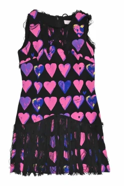 Pink and black silk heart print sleeveless mini dress with contrasting tassel trim appliqué