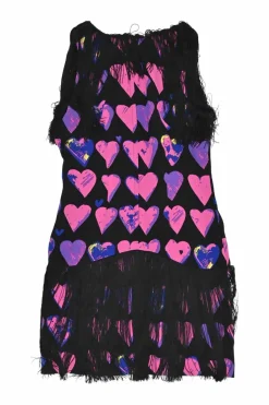 Pink and black silk heart print sleeveless mini dress with contrasting tassel trim appliqué