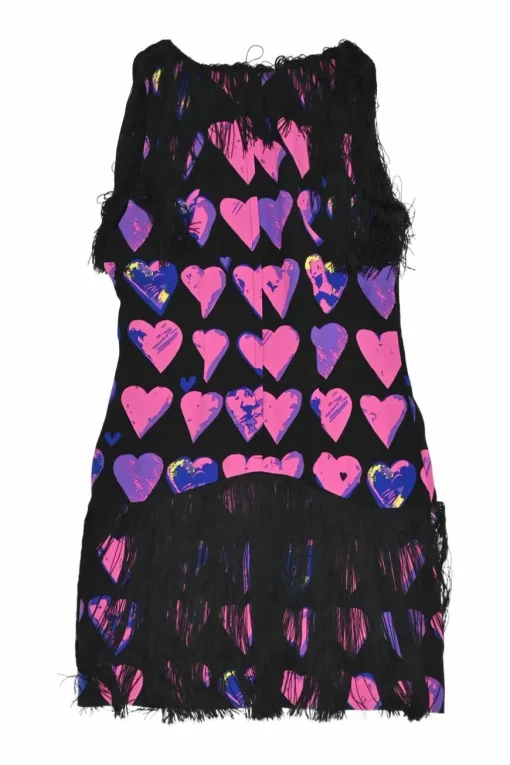 Pink and black silk heart print sleeveless mini dress with contrasting tassel trim appliqué