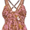 Pink and brown floral print ruched silk crepe plunge neck Eliana peplum tank top