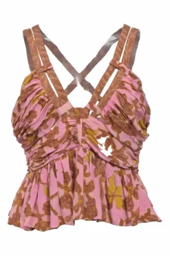 Pink and brown floral print ruched silk crepe plunge neck Eliana peplum tank top