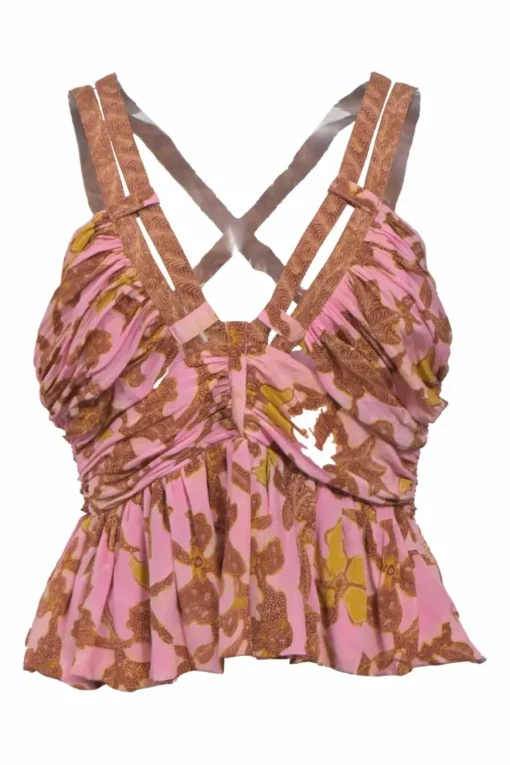 Pink and brown floral print ruched silk crepe plunge neck Eliana peplum tank top