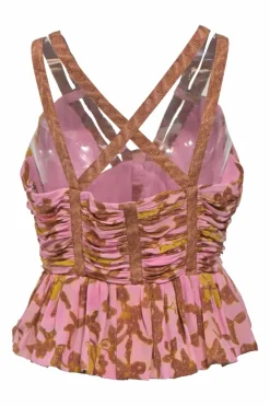 Pink and brown floral print ruched silk crepe plunge neck Eliana peplum tank top