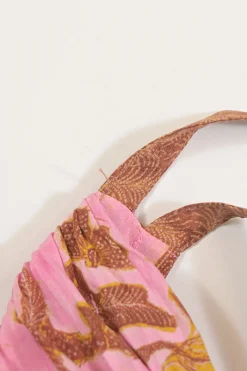 Pink and brown floral print ruched silk crepe plunge neck Eliana peplum tank top